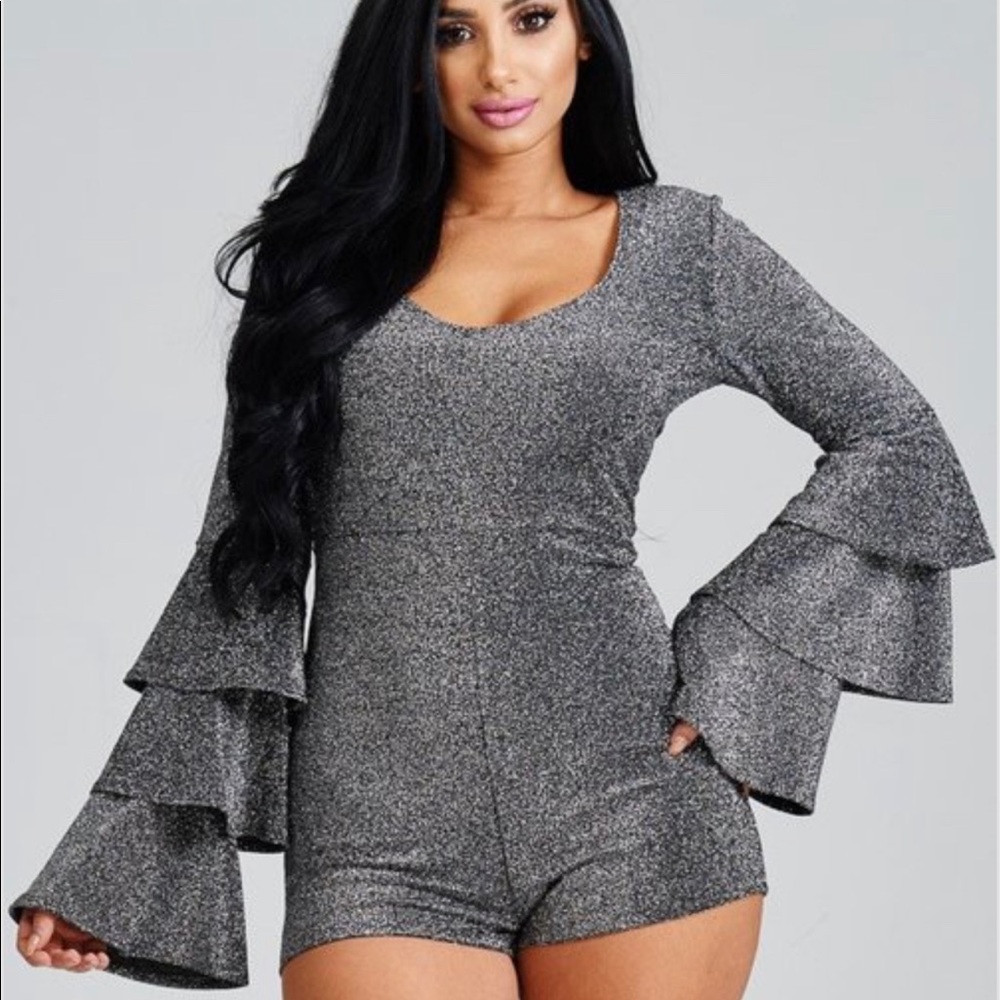 Miss California Metallic Bell Sleeve romper silver